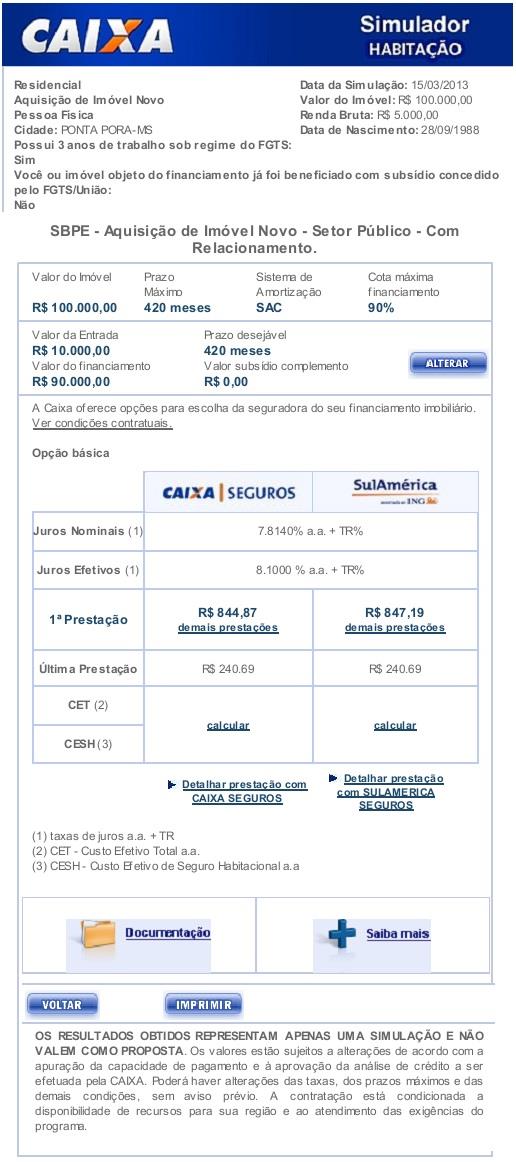 Figura 5 Página principal do simulador de habitação Quantidade de meses máximos. Valor que será financiado.