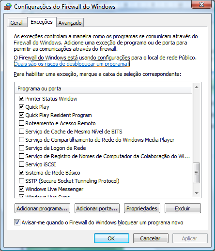 Figura 1: Janela de configuração do Firewall É importante notar que o Firewall está ativado e assim deverá permanecer.