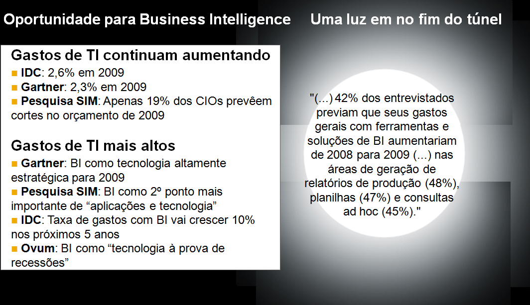 27 anualmente e que o investimento em Business Intelligence segue esta tendência. Ou seja, ficam claras as oportunidades para se realizar BI.