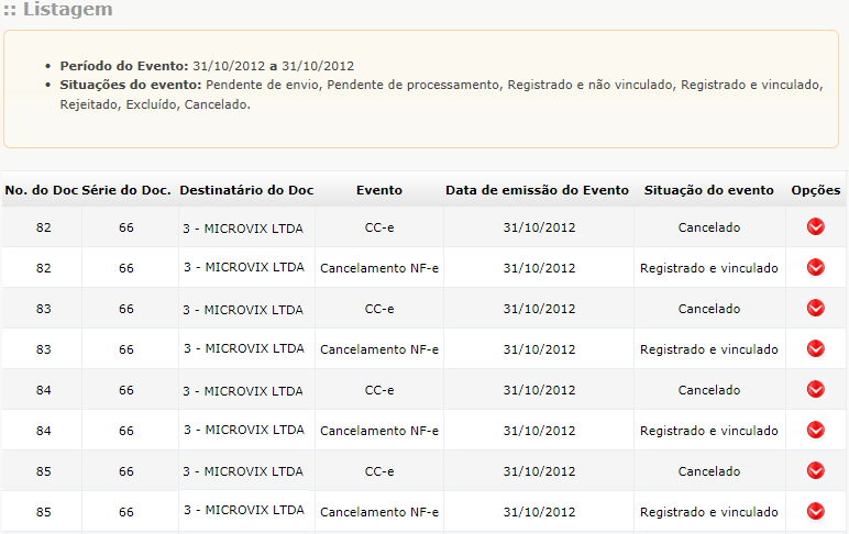 Através do link que aparece na coluna Opções, as principais operações do processo de carta de correção eletrônica ou cancelamento de NF-e que poderão ser realizadas.