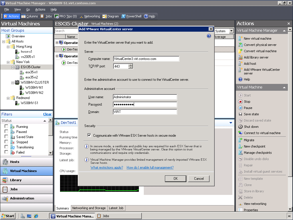 Figura 12. Adicionando um VirtualCenter Server ao SCVMM 2008. Especifique o nome do VirtualCenter Server no prompt Nome do computador.