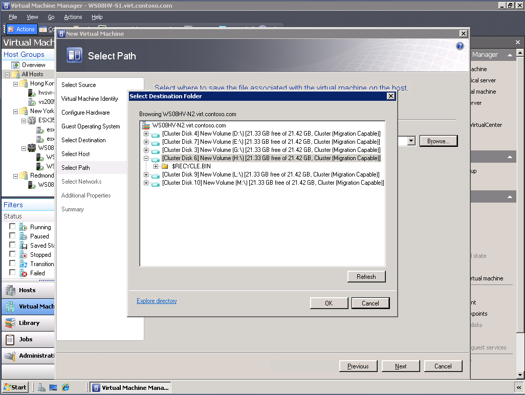 Figura 23. Adicionando uma nova VM a um Cluster de Failover Selecionando o caminho de armazenamento do host.