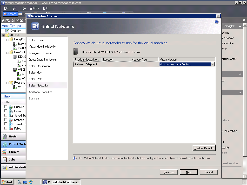 Figura 24. Adicionando uma nova VM a um Cluster de Failover Selecionando a rede da VM.