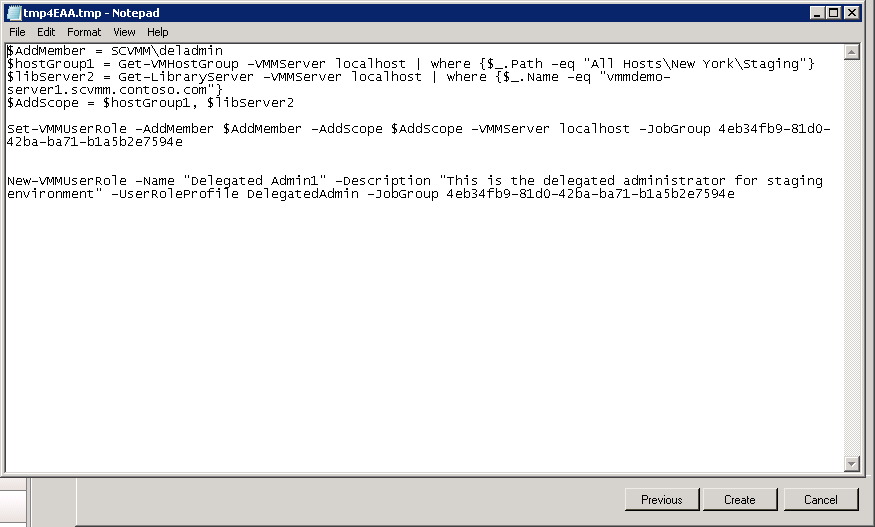 Figura 35. Script do PowerShell para criar um administrador delegado.