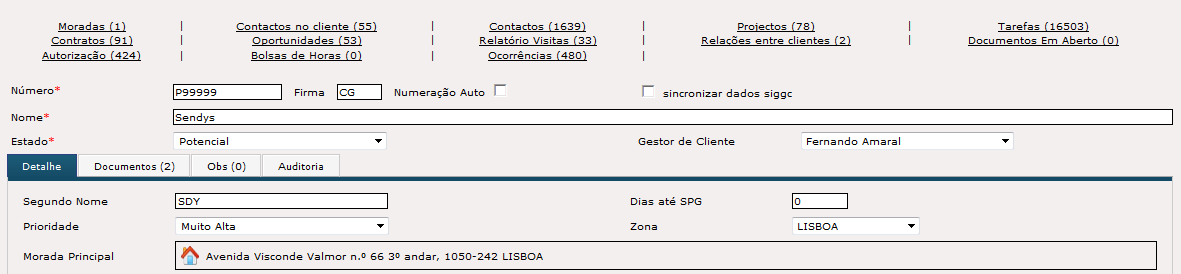 Principais Funcionalidades - Clientes Backup Visão Global dos principais contactos do cliente.