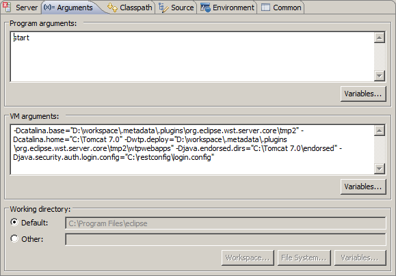 Figura 80 - Ficheiro login.config A ligação ao ficheiro login.config é feita no menu do Eclipse, Run, Run Configurations, Tomcat 7.0, Arguments, VM arguments, adicionar a linha: - Djava.security.auth.