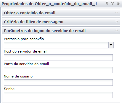 Exemplo: configurações de categoria usadas pelo operador Quando um criador de conteúdo arrasta o operador Obter o conteúdo do email para a tela, as Propriedades Get_Email_Content_1 são exibidas.