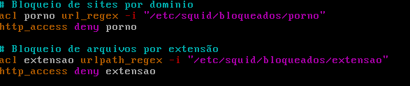 Adicione as extensões de arquivos que serão bloqueados.. root@firewall:~# vim /etc/squid/bloqueados/extensao Salve o arquivo e saia.