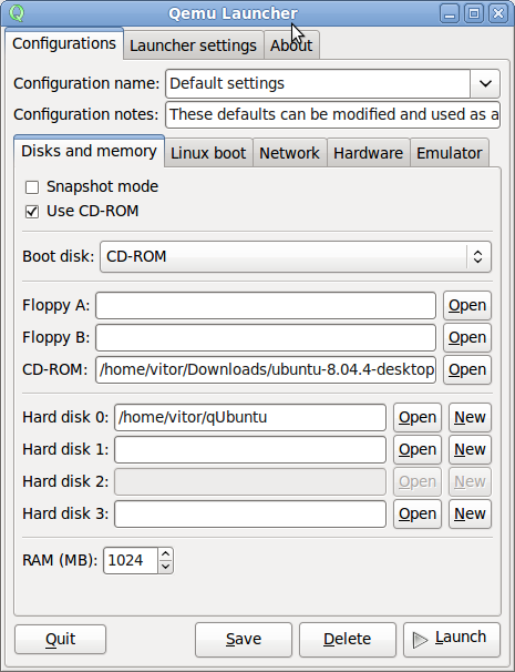 Figura 3.2: Interface de gerenciamento de máquinas virtuais no QEMU com Qemu Launcher.