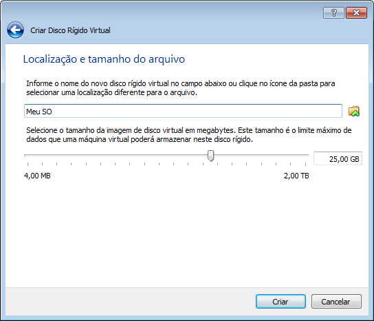 9. Na tela seguinte, estipule o tamanho do disco rígido virtual e clique em Próximo. Lembrando que a opção configurada anteriormente se baseará na quantidade de HD disponibilizada aqui.