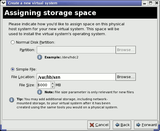 Red Hat Enterprise Linux 5 Virtualization Nota Este exemplo instala um sistema virtual dentro de um arquivo SELinux policy only allows xen disk images to reside in /var/lib/xen/im ages.