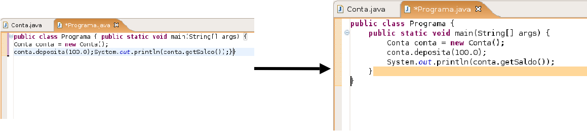 5) Use o Control + Shift + F para formatar o seu código. Dessa maneira, ele vai arrumar a bagunça de espaçamento e enters do seu código.