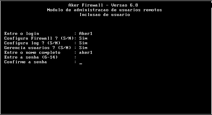 Na próxima tela o usuário poderá definir uma conta de administrador para seu firewall. Pressione a tecla S para configurar uma conta de administrador ou N para prosseguir com a configuração.