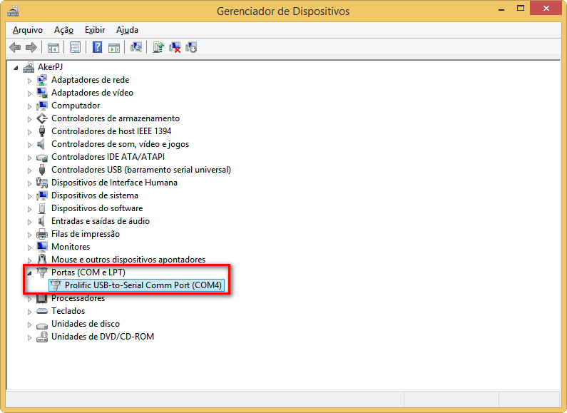 Figura 2 - Gerenciador de Dispositivo Ao identificar a porta COM, execute a aplicação PUTTY.