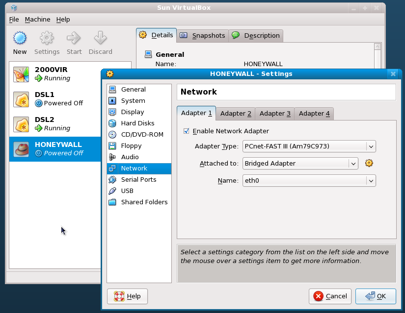O modo de rede utilizado na entrada na honeywall é o modo bridge, que nesta versão do Virtualbox é oferecido nativamente. Este modo permite que a entrada tenha o IP da honeywall.