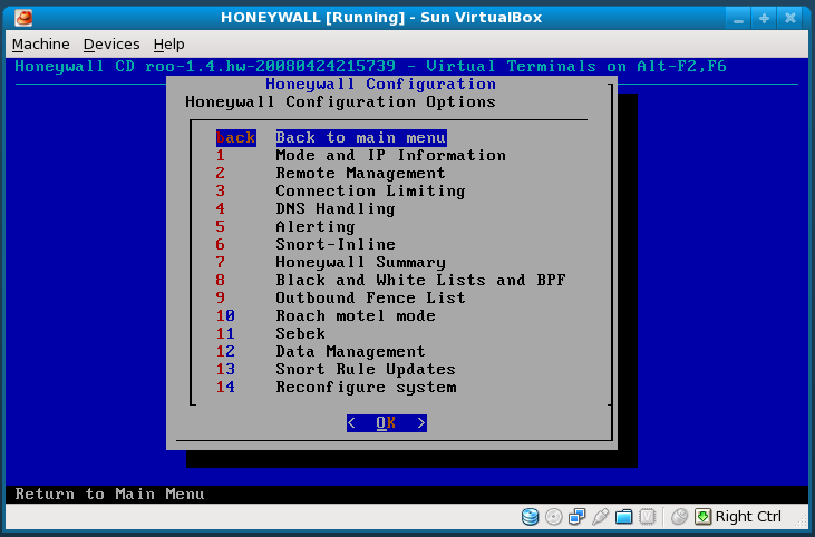 Figura 10 Menu de configuração do honeywall Na penúltima opção, as regras do sistema IPS (intrusion detection system) Snort podem ser atualizadas.