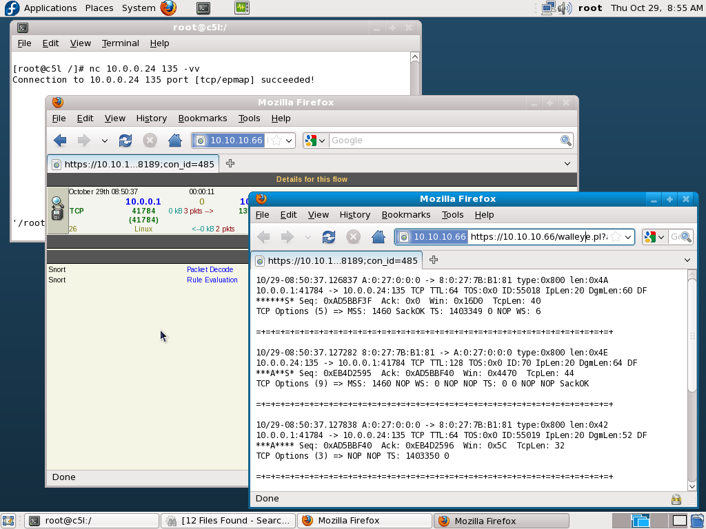 Na situação abaixo foi feito um acesso a honeypot Windows 2000, usando o netcat acessar a porta 135 (Windows RPC). A honeywall detectou e registrou os pacotes usados pela conexão.
