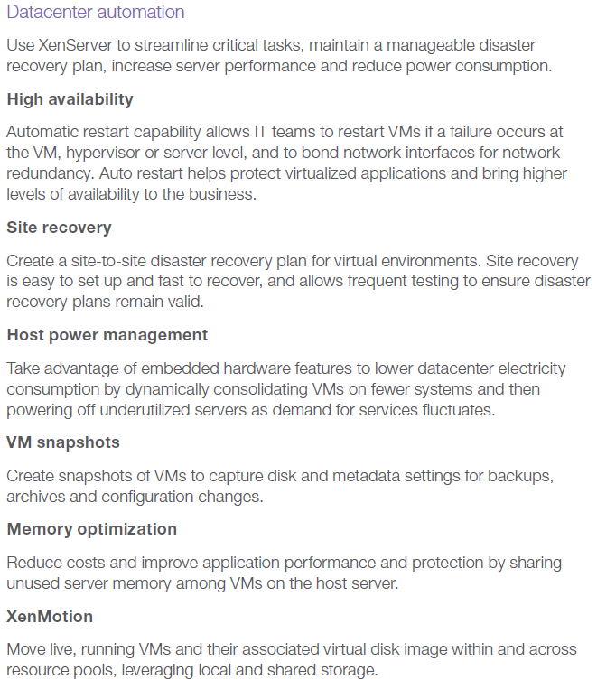 Características do Citrix XenServer B3 Automação / Mecanização de