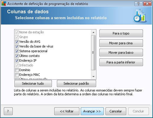 Nessa caixa de diálogo, escolha quais colunas você deseja incluir no relatório.