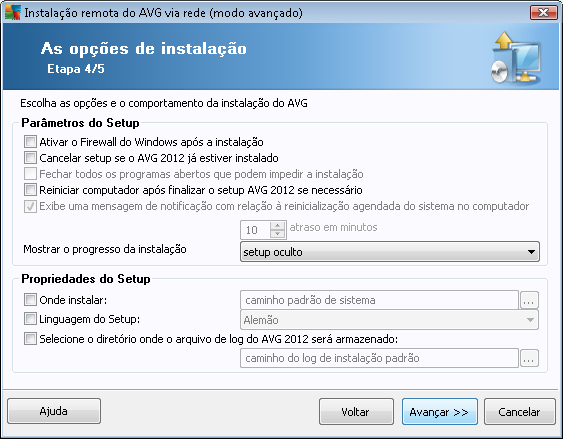 Na seção Parâmetros de configuração, você pode escolher entre as seguintes opções: Ativar o firewall do Windows após a instalação - caso não pretenda instalar o componente de Firewall do AVG, você