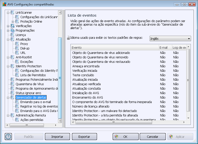 10.1.2. Configurações do Gerenciador de alertas As configurações do Gerenciador de Alertas encontram-se disponíveis no AVG Admin Console(ou seja, não visíveis na estação AVG).