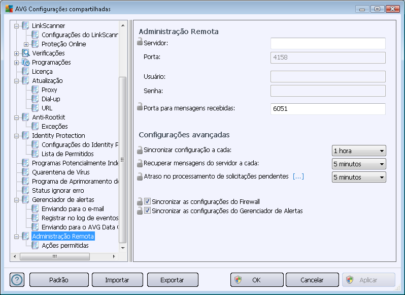 10.1.3. Administração Remota As configurações da Administração Remota disponíveis no Console do AVG Admin contêm algumas configurações adicionais (em comparação com as configurações da estação).