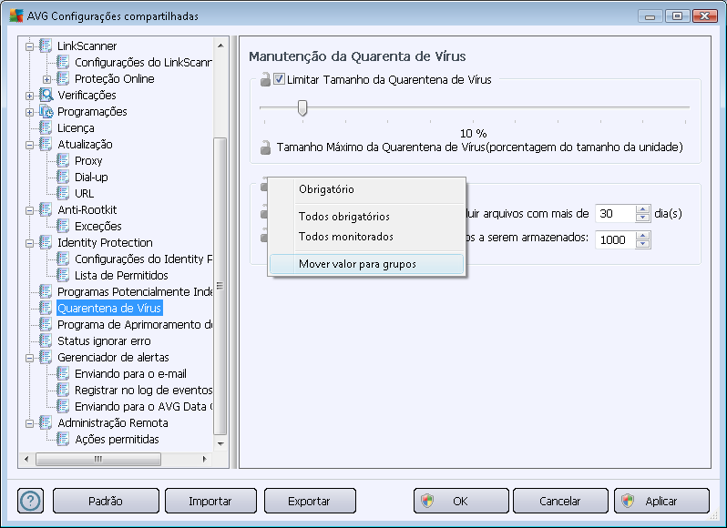 Para mover um valor pré-definido para todas as configurações de outro grupo, clique com o botão direito do mouse sobre a opção escolhida e, no menu de contexto, selecione Mover valor para grupos.