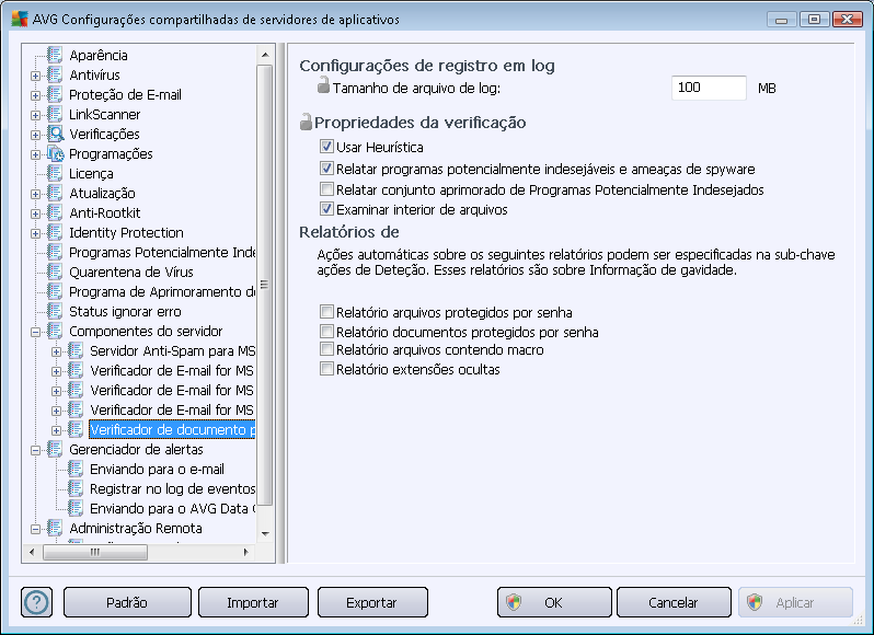 10.3.6. Verificador de Documentos para MS SharePoint Este item contém configurações do Verificador de Documento para MS SharePoint.