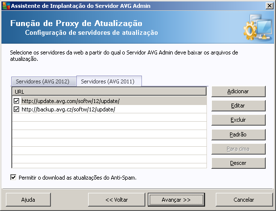 3.10.1. Servidores de atualização Essa caixa de diálogo permite escolher servidores de atualização, dos quais os arquivos de atualização serão baixados pelo AVG Admin Server (para serem distribuídos).