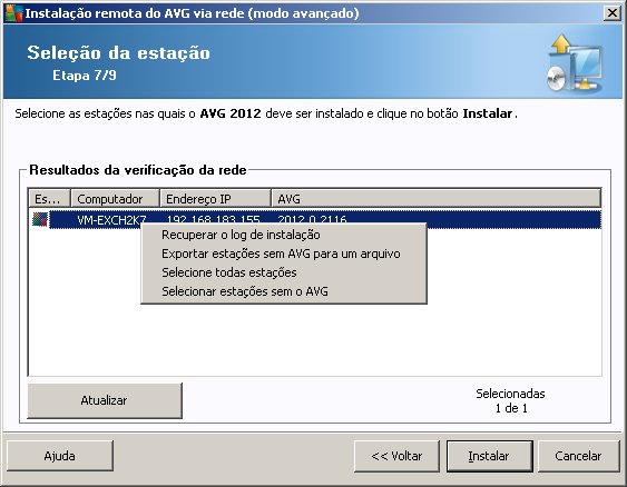 Exportar estações sem o AVG para um arquivo - esta opção criará um arquivo com uma lista de estações que não contêm a instalação do AVG.