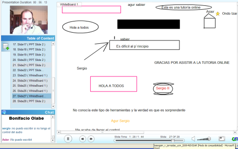 Figura 44 - Tutoría online basada en WiZiQ síncrona Para dar resposta ao trabalho realizado com alunos, foram desenvolvidas e formatados por nós, vários ambientes virtuais síncronos interactivos de