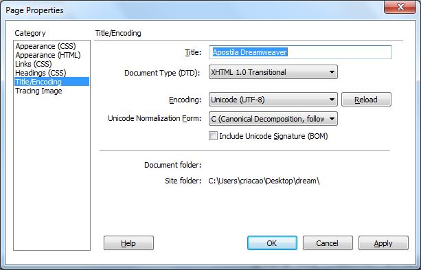 A guia Title / Encoding, como o próprio nome diz é referente ao título da página (o mesmo que aparece na janela de seu navegador) e a codificação do