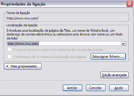 Exemplo de um endereço na teia Aqui pode colocar o endereço (URL) da teia, ou âncora de destino da ligação.