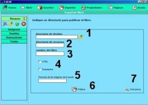 2- Nome de um diretório para guardar os elementos multimídia. 3- Nome do livro. 4- Ativar se desejar criar uma página HTML e/ou comprimir num arquivo "zip".