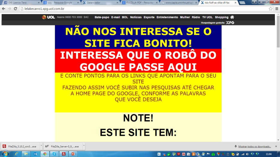 SUBINDO OS TEUS SITE PARA O XPG COM O PROGRAMA FILEZILLA Tela do FileZilla, após clicar no botão Conectar Passo 10 Abrir a pasta Que foi criada pelo TSR que chamamos de C:\TSR\ Passo 11 Os arquivos