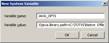 Definindo a variável JAVA_OPTS. Opcionalmente, esta variável pode ser definida através do comando set no início do arquivo catalina.bat. 1. Em New System Variable, forneça: a.