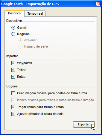 Na perspectiva Histórica, escolha o dispositivo GPS você tem. Atualmente, o Google Earth Pro suporta Garmin e Magellen apenas. 3.