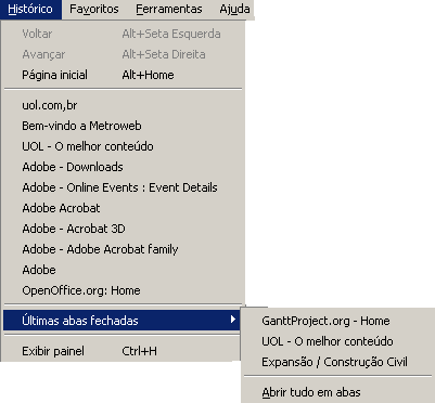 Histórico 5 Últimas abas fechadas Este recurso permite