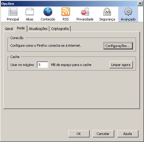 Na aba rede é possível fazer a configuração Para fazer os ajustes na configuração do Mozilla Firefox clique no botão Configurações.
