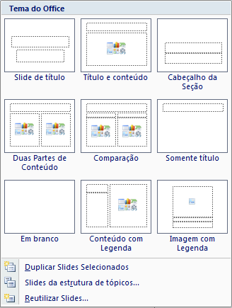 INSERIR NOVO SLIDE Para inserir um novo slide acionar a guia Início e clicar no botão. Depois clicar no layout desejado.