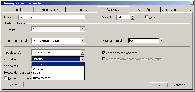 Fig 26. CAIXA DE DIALOGO INFORMAÇÕES SOBRE O PROJETO Atribuir um Calendário a Tarefa Para atribuir um calendário a tarefa você deve: 1. Selecione a tarefa para qual deseja atribuir um calendário. 2. Dê um duplo clique na tarefa.