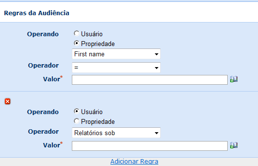 Incluir usuários quem Especifique se a adesão do público requer usuários para corresponder a qualquer uma das regras de audiência ou todas as regras de audiência.