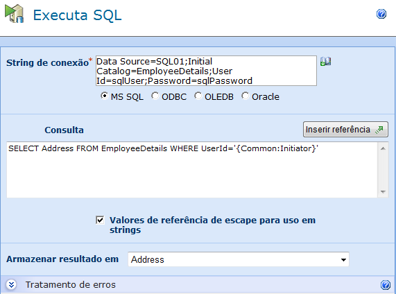 Seqüência de conexão Uma seqüência de conexão do SQL para usar quando conectando ao banco de dados remoto. Para exemplos de seqüências de caracteres de conexão, consulte Esta página.