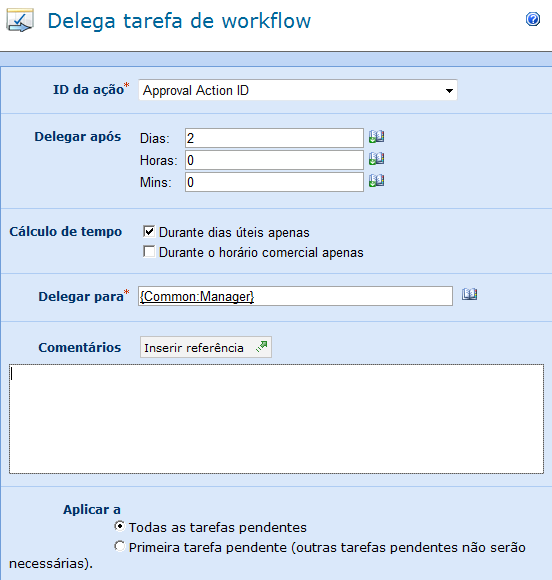 ID de ação Ao configurar uma solicitação de aprovação, solicitação de revisão ou ação de solicitação de dados, você pode nomear uma variável de fluxo de trabalho do tipo ID de ação para armazenar a