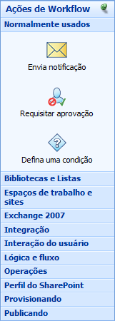 A paleta de ações de Workflow A paleta ações exibe as atividades que podem ser usadas a tela de design para criar fluxos de trabalho. As ações estão divididas em grupos de ações relacionadas.