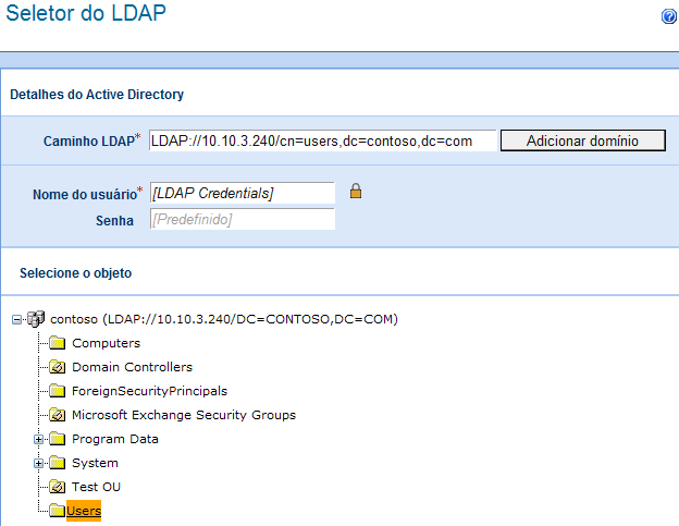 Opções no âmbito desta ação Caminho LDAP Um caminho LDAP especificando o local do Active Directory. Por exemplo, LDAP://Nintex.com/DC=nintex,DC=com Se seu nome de domínio for MyCompany.