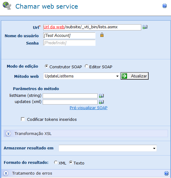 URL Um campo obrigatório que representa o url completo do Web Service SOAP a ser chamado. Uma vez foi introduzido um URL, o botão Refresh pode ser pressionado para definir os métodos disponíveis.