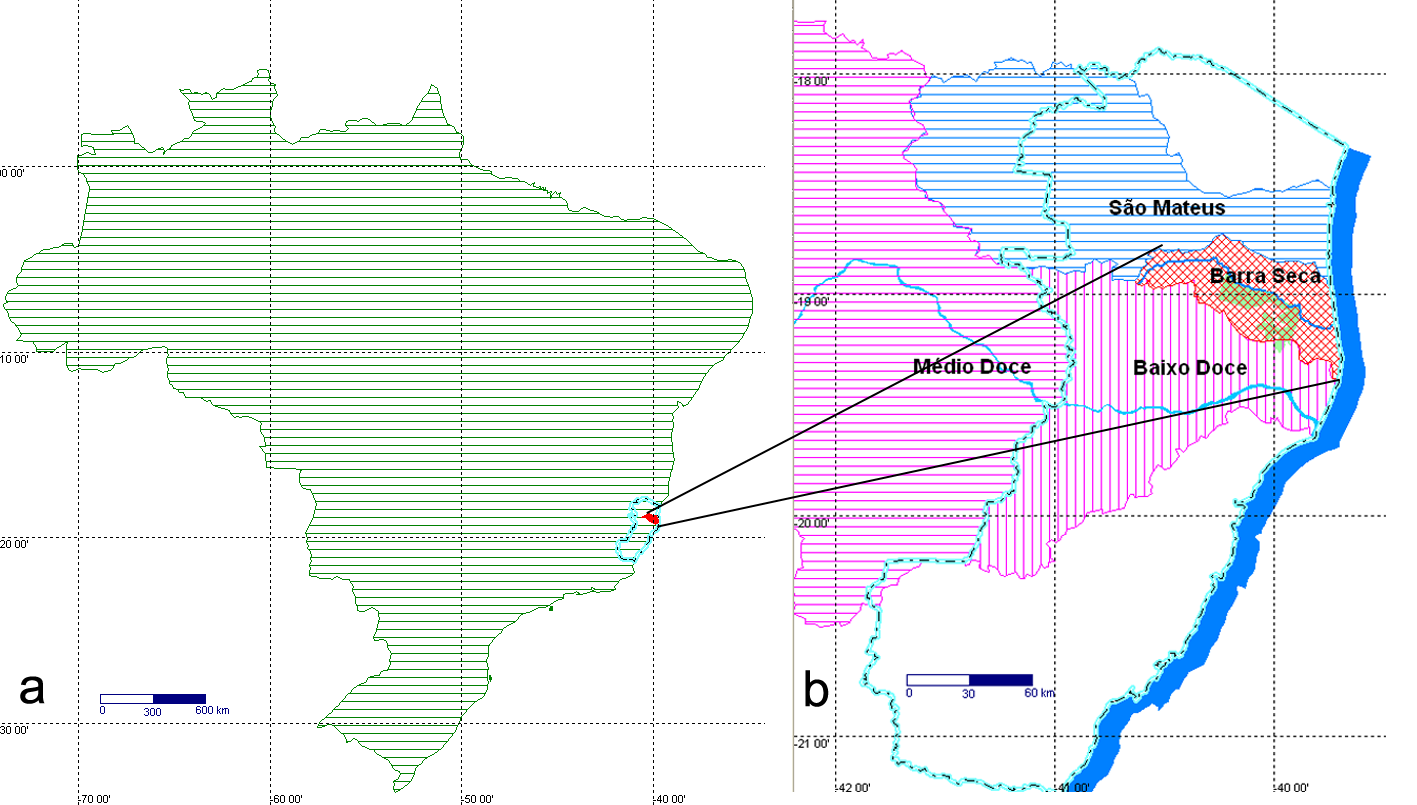 54 Sarmento-Soares & Martins-Pinheiro: Peixes do rio Barra Seca ao norte e nordeste com a bacia do São Mateus e ao sul e sudeste com a parte baixa da bacia do Doce e a Leste com o Oceano Atlântico