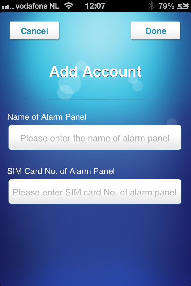 2. Introduza um nome para o sistema de alarme (exemplo: Eminent e-alarm) e introduza o número móvel do cartão SIM instalado no sistema de alarme. (Comece pelo código do país (exemplo RU 0044).