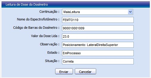 110 Nota que na FIG.C2.2 o usuário atribuiu o valor zero para a dose com o propósito de conferir o registro do dosímetro. A FIG.C2.3 mostra o posicionamento do dosímetro e o estado do mesmo.